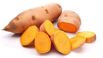 Sweet Potato Vegetable Tuber and Cut Part Pieces Clipping Path on White Background. Generative AI photo