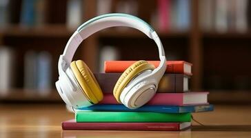 Stacked Hardcover Books with Blank Colorful Covers and Headphones on a Table. Generative AI photo