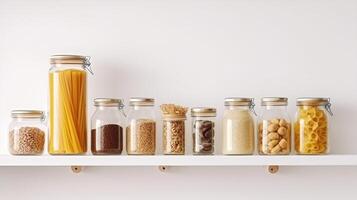 Glass Jar Set with Various Pasta and Beans on Kitchen Shelf. Storage Layout for Different Ingredients on White Background with Copy Space. Generative AI photo