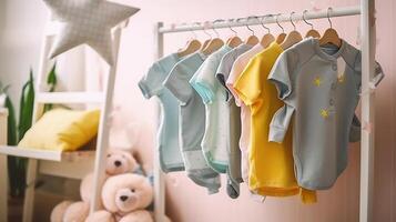 Infant Romper Suits Grace the Baby Room Design, Complementing the Contemporary Interior of a Stylish Apartment. Generative AI photo