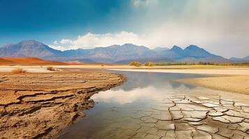 Landscape with mountains and a lake and a dried desert. Global climate change concept. Generative AI photo