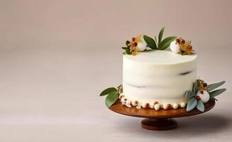 Minimalist single tier wedding cake with white icing and decoration. top view. photo
