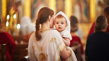 madre participación bebé niña en ortodoxo Iglesia durante Epifanía ceremonia. generativo ai foto