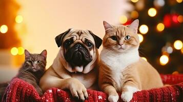 Beautiful red british shorthair cat and adorable pug with their owner over the christmas tree and festive decor. Portrait of beloved pets at home, pine tree, bokeh effect lights. Generative AI photo