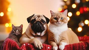 Beautiful red british shorthair cat and adorable pug with their owner over the christmas tree and festive decor. Portrait of beloved pets at home, pine tree, bokeh effect lights. photo
