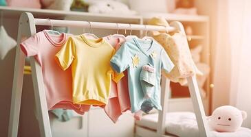 Infant Romper Suits Grace the Baby Room Design, Complementing the Contemporary Interior of a Stylish Apartment. Generative AI photo