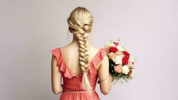 un maravilloso rubia belleza en un rojo vestido, participación un ramo de flores de oferta pálido rosado rosas. generativo ai foto