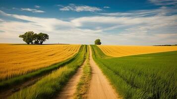 tranquilidad desvelado en un país la carretera rodeado por vasto grano campos. generativo ai foto