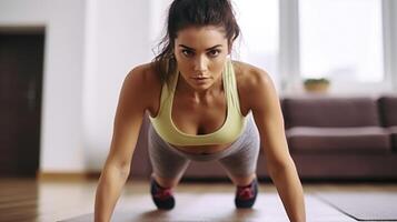 Stay at home workout concept. Young attractive woman performing bodyweight fitness training at her apartment. Beautiful female doing regular plank abs exercise. Close up, Generative AI photo