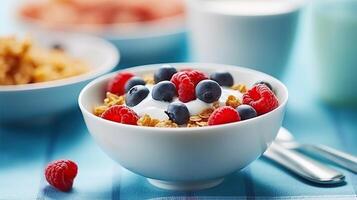 A Symphony of Flavors, Vibrant Cornflakes with Fresh Berries and Milk. photo
