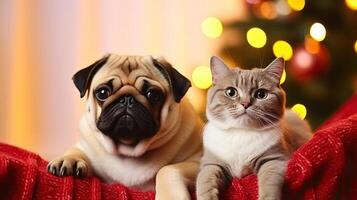 Beautiful red british shorthair cat and adorable pug with their owner over the christmas tree and festive decor. Portrait of beloved pets at home, pine tree, bokeh effect lights. photo