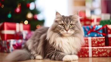 Portrait of beautiful grey-white longhair cat under the stacks of Christmas presents in colorful wrapping paper. Bokeh effect lights background. photo