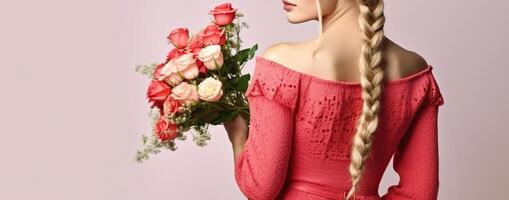 cautivador joven rubia mujer, adornado en un rojo vestido, abrazando un ramo de flores de delicado pálido rosado rosas. generativo ai foto