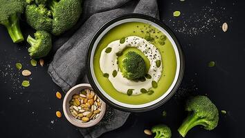 Broccoli Cream Soup Dish in Deep Plate. Cauliflower, Pumpkin Seeds and Sesame Scattered on Dinnertable. Diet Creamy Lunch Isolated on Black Background. photo
