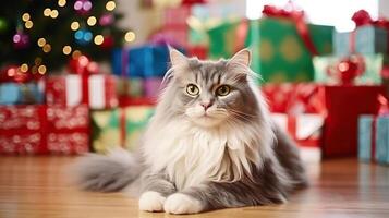 Portrait of beautiful grey-white longhair cat under the stacks of Christmas presents in colorful wrapping paper. Bokeh effect lights background. photo