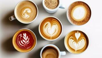 Buch of coffee cups with different kind of beverage and different latte art foam designs. Top view, Generative AI photo