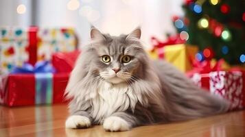 Portrait of beautiful grey-white longhair cat under the stacks of Christmas presents in colorful wrapping paper. Portrait of beloved pet at home, bokeh effect lights background. photo
