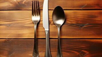 Clásico plata cuchillo y tenedor en marrón de madera texturizado mesa. clásico mesa ajuste concepto. generativo ai foto