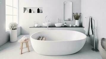 moderno blanco baño interior diseño. elegante bañera mostrador cuerpo piel accesorios agua grifo instalación. belleza cosmético productos generativo ai foto
