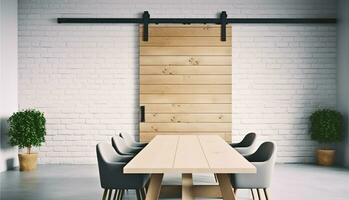 Sliding Wooden Door on Foam Brick Wall of Meeting Room, Conceptual Cozy Interior. Table and Stylish Armchair. Conference Corporate Business Workplace. Generative AI photo
