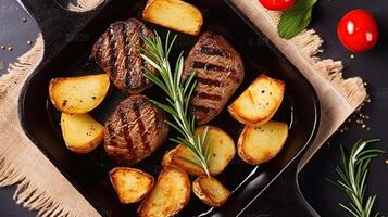 Pork Fillet Fried on Skillet for Dinner with Rosemary, Garlic and Salt. Grill Juicy Meat Top Down View. photo