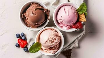 Three Different Ice Cream Dessert in Cup. Top Down View. Brown White and Pink Gelato Color Mix. Variety Flavors Set of Soft Frozen Creamy Snack, Generative AI photo