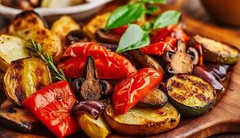 Grilled Potato Vegetable Mix Platter. Flat Lay. Delicious Roast Veggie Dish Fried Mushrooms Restaurant Menu. Generative AI photo