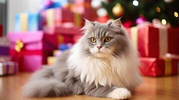 Portrait of beautiful grey-white longhair cat under the stacks of Christmas presents in colorful wrapping paper. Portrait of beloved pet at home, bokeh effect lights background. photo