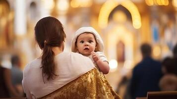 posterior ver madre participación bebé niña en ortodoxo Iglesia durante Epifanía ceremonia. generativo ai foto