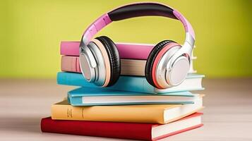 Stack of different color hardcover books with blank colorful covers and white headphones on table. photo