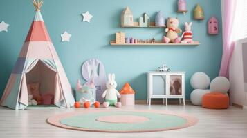 Light Pastel Baby Room with Toy House and Textile Dwarfs. Generative AI photo