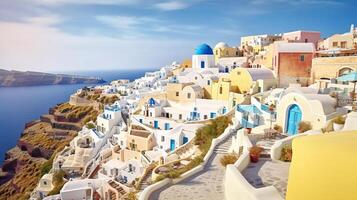 Village Oia on Santorini island Greece. Generative AI photo