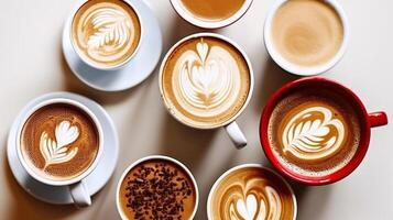 Buch of coffee cups with different kind of beverage and different latte art foam designs. Top view, close up, copy space, Generative AI photo