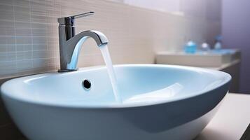 Modern interior bathroom sink with blue mirror backlight. White ceramic washbasin in contemporary minimalism style. Generative AI photo