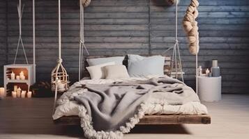 Cozy Bed Suspended from the Ceiling, Adorned with a Grey Big Knit Blanket, Candles, and Scandinavian Style. photo