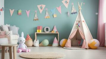 Baby room interior with toy house and textile dwarfs. Light pastel colors, Generative AI photo