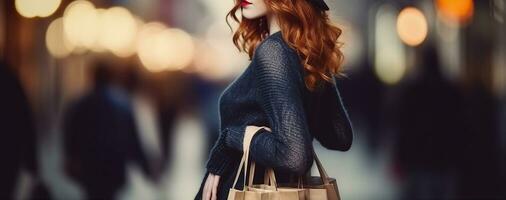 Confident Redhead Girl Flaunting Her Shopping Bags with Flair. Generative AI photo