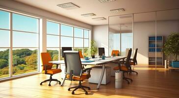 moderno espacio de trabajo, revelando el pulcro interior de un oficina diseñado para productividad. generativo ai foto