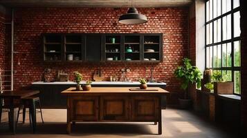 Unveiling the Beauty of a Modern Kitchen with a Red Brick Wall, Expansive Window, and Stylish Wooden Table. photo