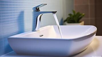 Contemporary Minimalism in a Modern Bathroom Sink with Blue Backlit Mirror and White Ceramic Washbasin. Generative AI photo