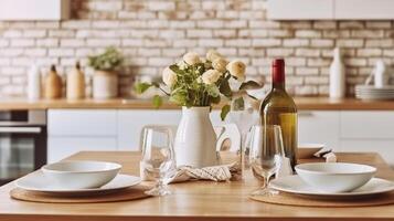 White Cozy Kitchen Table at Home Provence Interior. Champagne Bottle for Honey Dinner Date on Light Wooden Counter. Cozy Traditional Desk on Modern Brick Wall Background. Generative AI photo