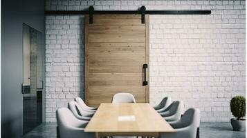 A Contemporary Workspace with Sliding Wooden Door, Foam Brick Wall, Table, and Stylish Armchair for Corporate Business Conferences. Generative AI photo