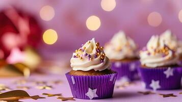 Creamy Cupcakes Muffins with Purple Copy Space Decorated Delicious Candy Spheres and Golden Star. Generative AI photo