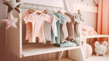 Newborn Clothing On Floor Hanger Baby Room Design. Infant Romper Suits By Bedding Contemporary Apartment Interior. Generative AI photo