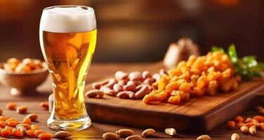 Glass of beer on wooden table background. Jamon and coated crunchy peanuts, great snack. Generative AI photo