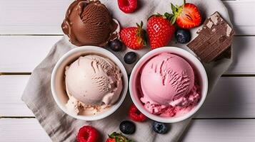 Chocolate Strawberry Vanilla Ice Cream Set Flat Lay. Brown White and Pink Gelato Color Mix. Variety Flavors Set of Soft Frozen Creamy Snack, Generative AI photo