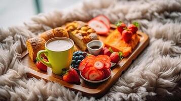 Healthy breakfast in bed with Fruit, bread, coffee and eggs in the morning. Generative AI photo