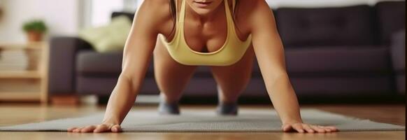 Young attractive woman performing bodyweight fitness training at her apartment. Beautiful female doing regular plank abs exercise. Generative AI photo