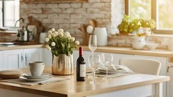 White Cozy Kitchen Table at Home Provence Interior. Champagne Bottle for Honey Dinner Date on Light Wooden Counter. Generative AI photo