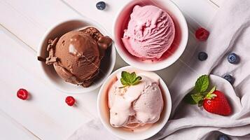 Chocolate Strawberry Vanilla Ice Cream Set Flat Lay. Brown White and Pink Gelato Color Mix. Variety Flavors Set of Soft Frozen Creamy Snack, Generative AI photo